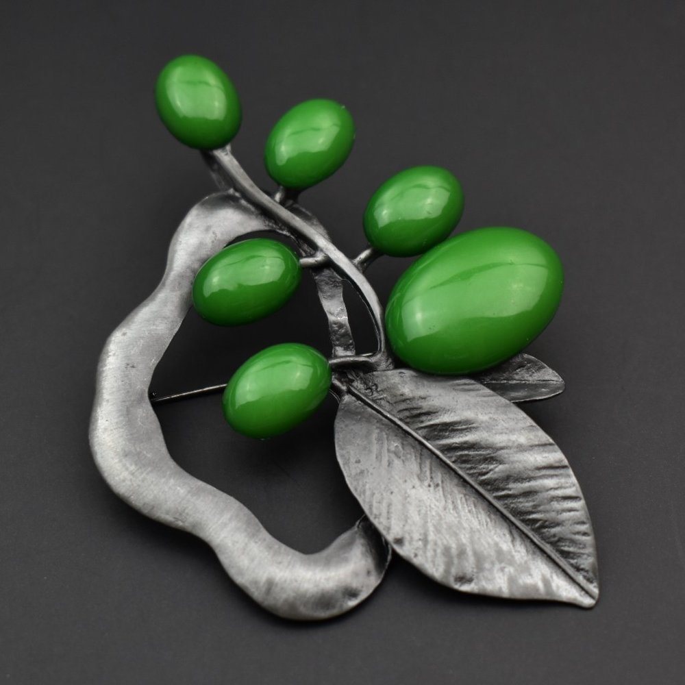 Large branch brooch silver tone, accent green berries brooch